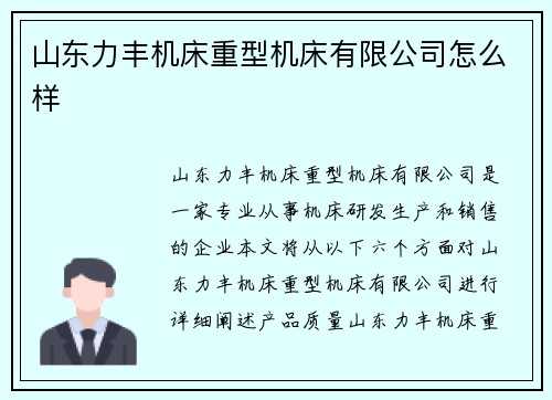 山东力丰机床重型机床有限公司怎么样
